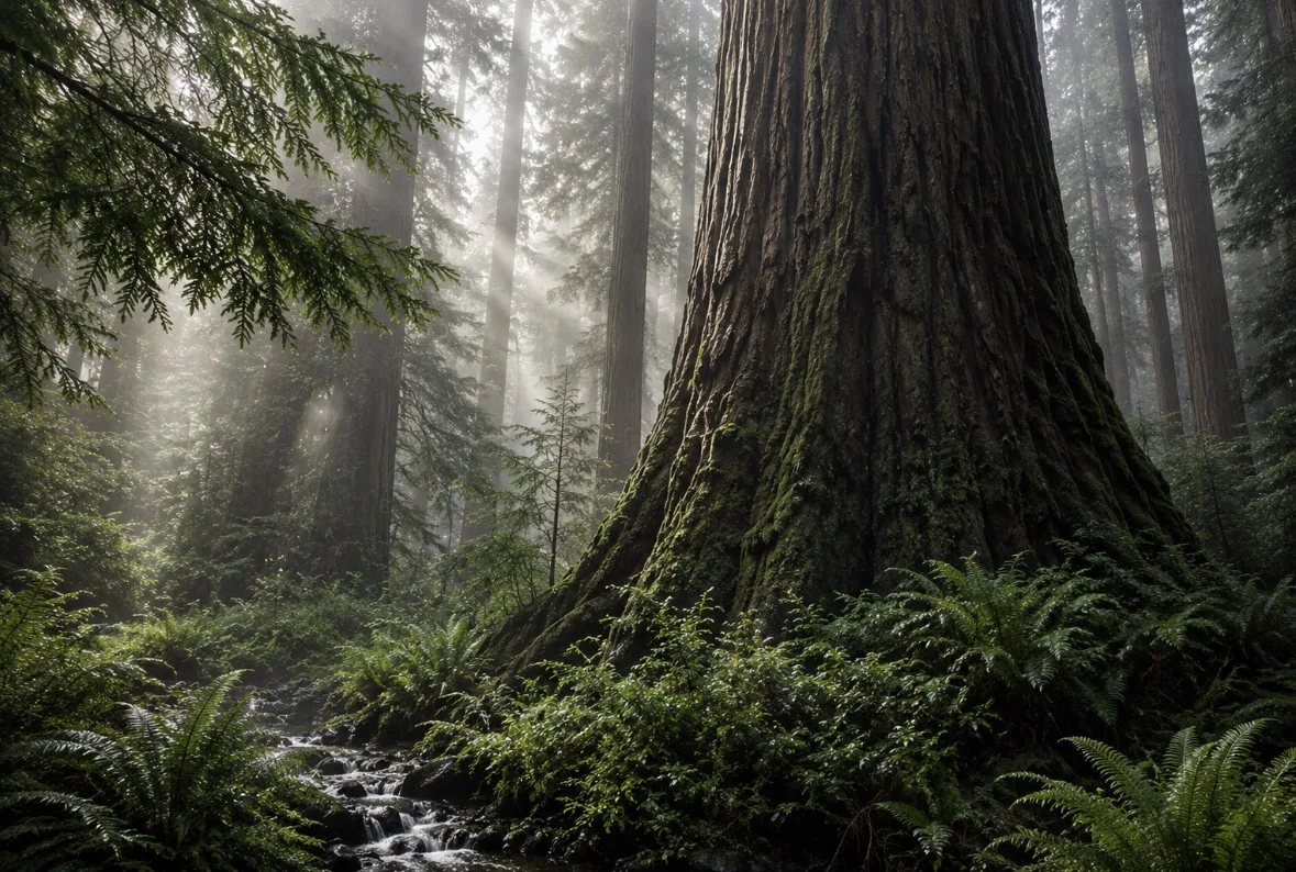 Fog drifting through an old-growth redwood grove above a forest stream.