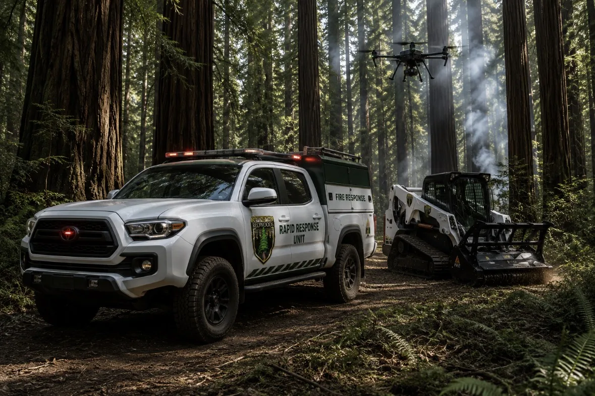 A Defend The Redwoods rapid-response unit, surveillance drone, and masticator working in an old-growth grove.