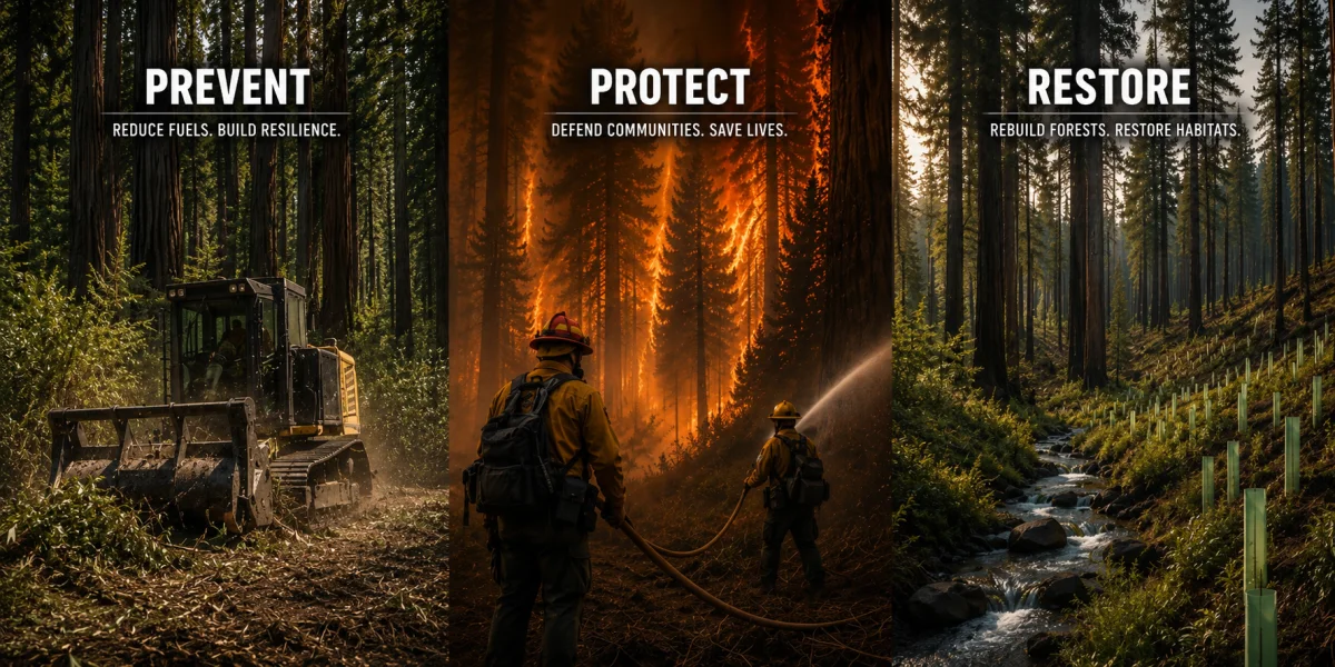 Prevent, protect, restore: fuel reduction, wildfire defense, and forest recovery.