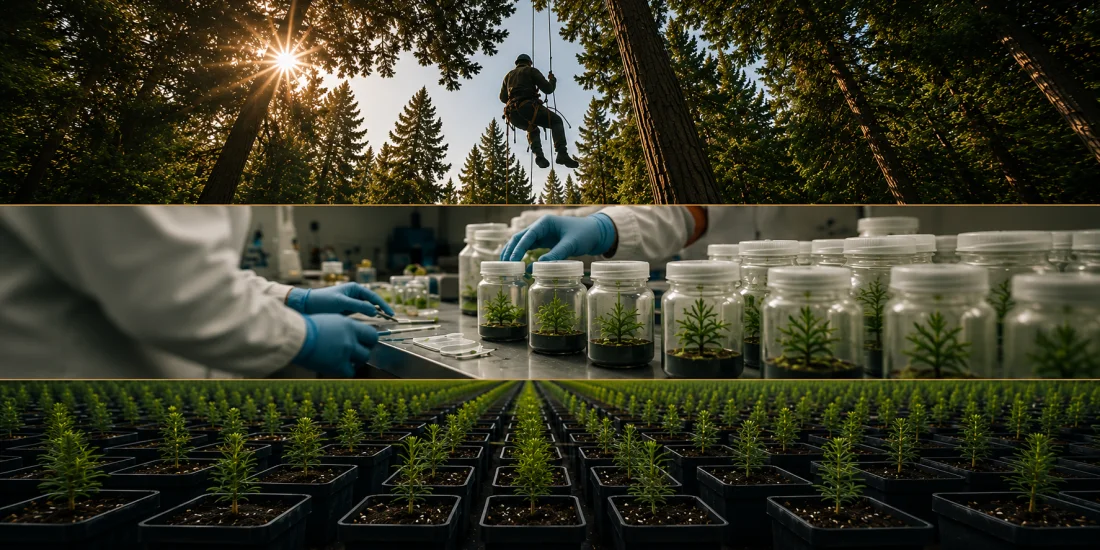 Climbing a champion redwood in the canopy, tissue-culture propagation in the lab, and rows of cloned saplings in the nursery.