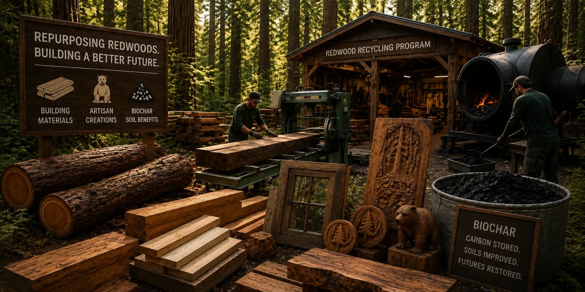 Reclaimed redwood milled for building materials and biochar.